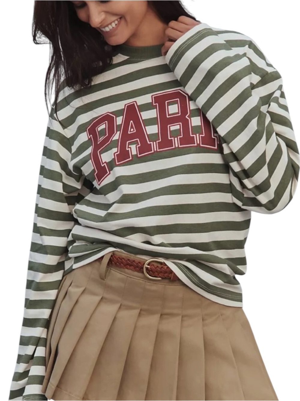 Anthropologie Olive Green & White Striped "PARIS" Long Sleeve Tee